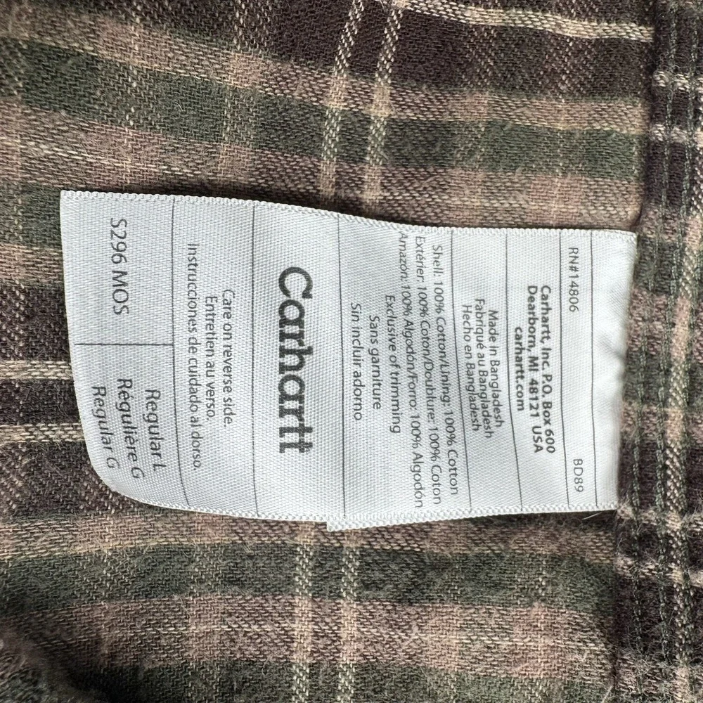 Carhartt S296 MOS Canvas Shirt Jacket Men's Large Moss Green Flannel Lined